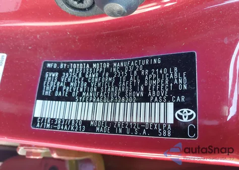 2020 Toyota Corolla Le z USA, uszkodzony, nr VIN 5YFEPRAE0LP128202